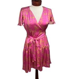 Tanya Taylor Paris Hammered Silk Dress Size 10 Wrap Flutter Sleeve Pink Ruffle